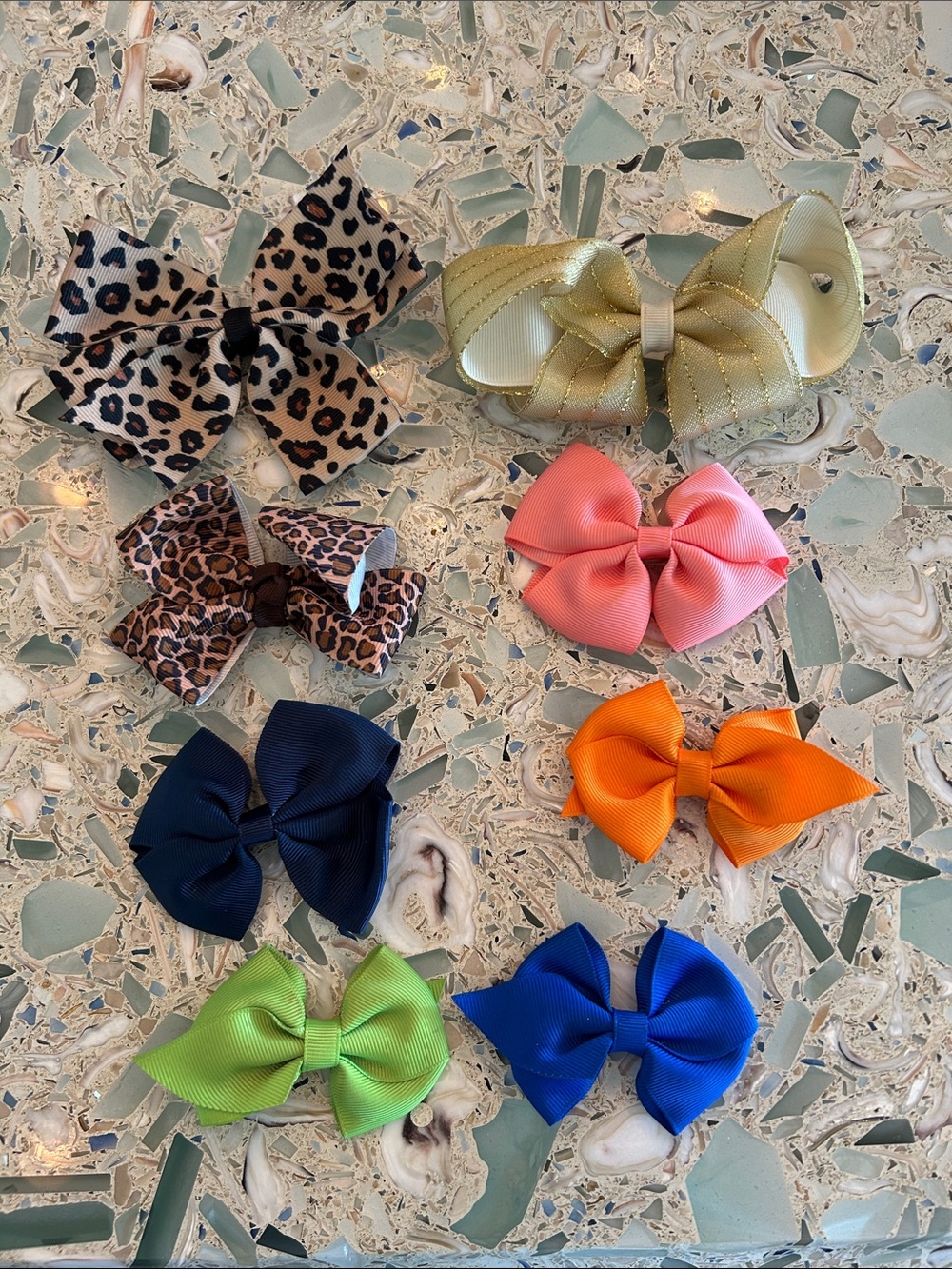 8 Assorted Girls' Hair Bows - Leopard, Gold, Pink, Orange, Blue, Green, Navy
